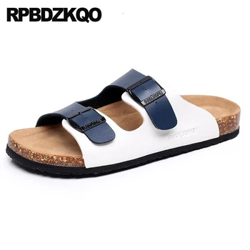 čības pludmales vīriešu sandales ar ādas vasaras paslīdēt uz kurpes korķa slaidi modes siksna dizainers izmēra 46 45 balta metāla melns brūns
