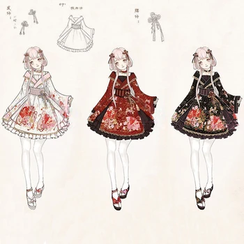 Gorgerous Hanayome Set 3PCS Japāņu Kimono Stila Kleitu Lolita OP Kleita Cute Yukata Piedurknes ar Vidukļa Jostu un Ziedu Pin