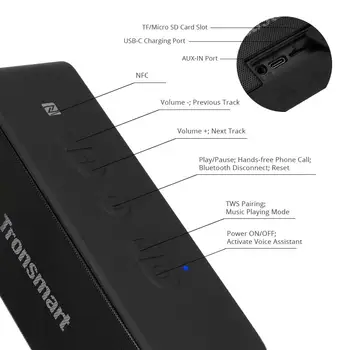Tronsmart T2 Plus Bluetooth 5.0 Skaļrunis TWS Bezvadu 20W Portatīvo Skaļruņu 24H Kolonnas IPX7 Soundbar ar Balss Palīgs Micro SD