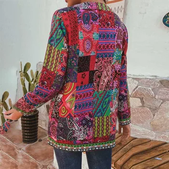 куртка женская Dāmas retro etniskā drukāt jaka jaka jaka ziedu drukāt garām piedurknēm plus lieluma kokvilnas jaka jaka F04