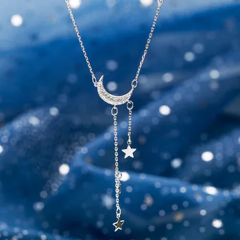 Modes Jauns 925 Sterling Silver Star Mēness Sānslīdi Kaklasaite Kaklarotas Spīdīgu Ķēdi Sieviešu Kāzu Smalkas Rotaslietas