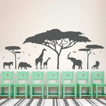 Liela Āfrikas Safari Zooloģiskais Dārzs Dzīvnieku Sienas Uzlīmes, Guļamistabas, Bērnu Istabas Žirafe Ziloni, Tīģeri, Meža Dabas Sienas Vinila Decal Bērnudārzs