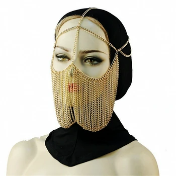 Vintage Etniskā Ķēdes Maskas, Ap Galvu Stiprināmas Rotaslietas Sievietēm Zelta Krāsas Galvassegu Sejas Ķēdes Moderns Dejas Piederumi