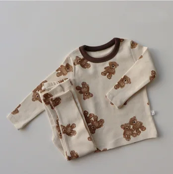 Baby Zēni Un Meitenes Jaundzimušo Pilnu Drukas Lācis Divi Gabali Komplekti Krekls / Romper+ Bikses Kokvilnas Cute Sedz Truša Kāju Ietin Mājas Tērps