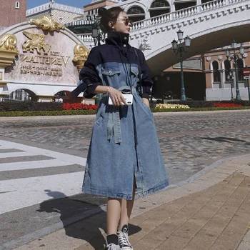 Maxi Ilgi Džinsa Kleitas Vienā gabalā Dāmas Korejas Modes garām Piedurknēm ziemas Sexy Iela sieviešu Apģērbs