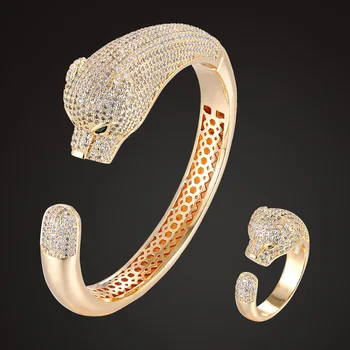 Zlxgirl zīmola Kubikmetru zircon leopard Dzīvnieku rokassprādze ar gredzenu rotaslietas komplekti ideāls zelta, sudraba krāsa, līgavas mīlestība pāris rokassprādze komplekts