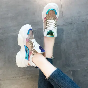 Acs Dobi Elpojošs slaidi čības sieviešu 2019 Vasaras kurpes sieviešu Modes Bling platforma čības Krāsains Lāzera sieviešu kurpes