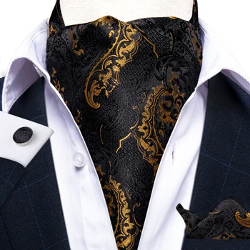 Vīriešu Vintage Luksusa Zelta Black Paisley Zīda Kaklasaite Cravat Ascot Scrunch Sevi Sasiet Ascot Kabatas Kvadrātveida Kopa Kāzu Svinības DiBanGu