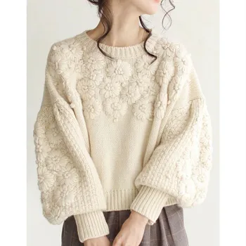 Rudens ziemas trikotāžas džemperis stilīgs laternu piedurknēm zaudēt sieviešu streetwear ziedu džemperis džemperis 2021