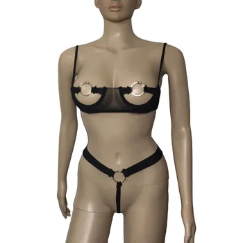 Melns Sexy Sievietes atvērtais Kauss Krūšu Josta Bikini Apakšveļa Metāla Dzelksnis Gredzenu Krūšturis Top, un G-String Apakšveļu