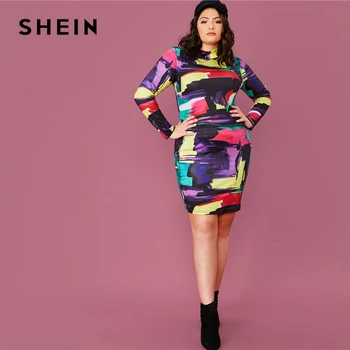 SHEIN Plus Lieluma Multicolor Izspēles Kakla Colorblock Bodycon Kleita Sievietēm 2020. Gada Pavasarī, Elegants ar garām Piedurknēm Plus Slim Fit Mini Kleitas