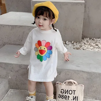Modes Bērnu Apģērbu Korejas Stila Meitene Kleita Karikatūra Ziedu garām piedurknēm T-Krekls Pavasara Rudens New Baby Girl Topi Apģērbi