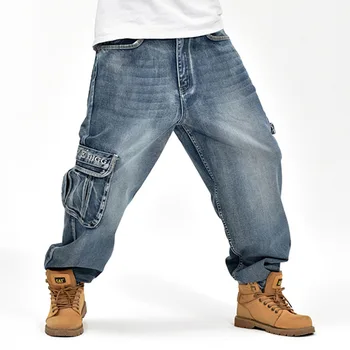 Narrived 2019 Vīriešu zilā Baggy Bikses ar sānu kabatām Hip Hop Dizaineru Zīmolu Skeitborda Bikses vaļīgas Stilu Plus Lieluma 30-46