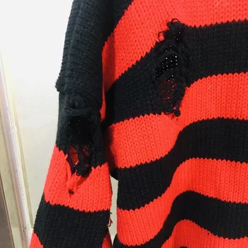 Black Red Svītrainām Caurumu Adīt Džemperi Rudens Ziemas Džemperis Modes Ilgi Punktā Lielgabarīta Džemperi Vīriešiem Visu maču Apģērbs