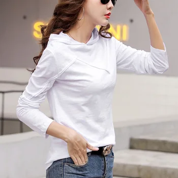 Ir 2021. Jaunā Pavasara Kokvilnas Irdenas Grunts Krekli, Sieviešu Kapuci T-krekls Rudens Modes Gadījuma korejiešu Sieviete ar garām Piedurknēm Topi Tshirt