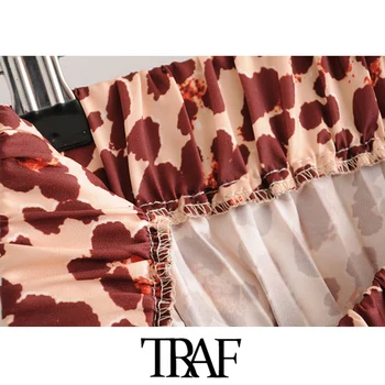 TRAF Sieviešu Šiks Modes Leopards Drukāt Kroku Midi Svārki Vintage Augsti Elastīgs Viduklis Dzīvnieku Modelis Sieviešu Svārki Mujer