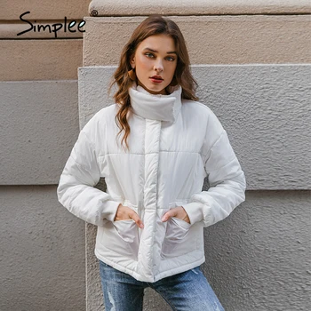 Simplee Cēloņu silti balta rudens ziemas sieviešu jaka Elegants kabatas ar garām piedurknēm, sieviešu parkas Augstās ielu modes outwear 2020