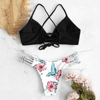 Sexy Pārsējs Bikini Komplekts Mežģīnes Up Ziedu Drukāt Pārsējs Peldkostīmu Augsta Vidukļa Siksna Brazīlijas Biquini Peldkostīmi 2020. Gadam, Sievietēm, Beachwear