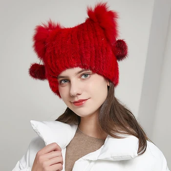 JKP ūdeļu kažokādas cepure sievietēm, rudenī un ziemā ar kaķu ausis austi ūdeļu kokvilnas cepurīte aukstā ausu aizsardzība