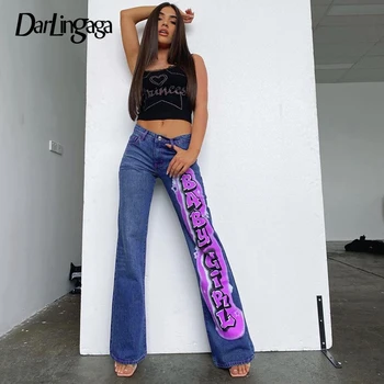 Darlingaga Streetwear Vēstuli Izdrukāt Grafiti Augsta Vidukļa Džinsus Dāmas Taisni Y2K Džinsa Bikses Estētisko Garās Bikses Mamma Džinsi