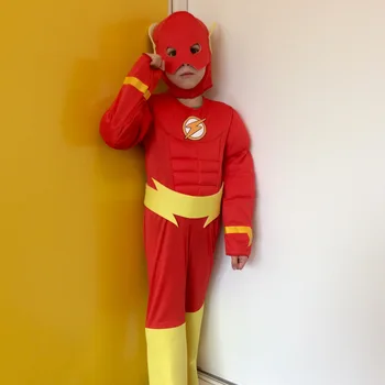 Zēns Supervaronis Flash Kostīmu Red Jumpsuit Halloween Cosplay Puse Apģērbs Fantasia Kleita
