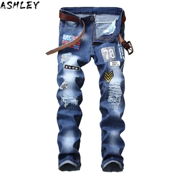 Amerikāņu karogu Vīriešu plāksteri dizainu zilā džinsa džinsi Caurumi ripped problemātisko slim taisnas bikses