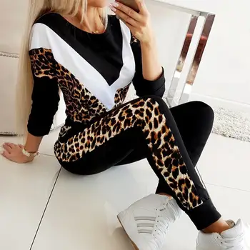 Plus Lieluma Sievietēm Rudens Modes Tracksuit Apaļu Kakla Leoparda Raibs Krekls Elsas Sportwear Tracksuit Divu gabals, kas Karstā Pārdošanas