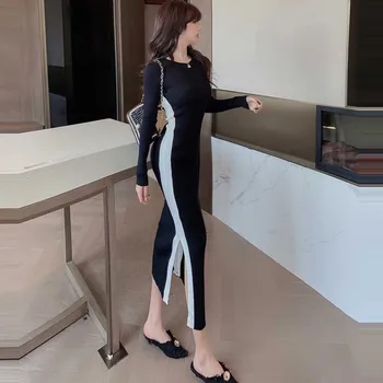 Viengabala Modes Dāmas Slim Trikotāžas Džemperis Kleita Korejas Elegants Sexy 2020. Gadam, Dizaineru Kleitas, Ziemas Sievietes Ar Garām Piedurknēm Kleita