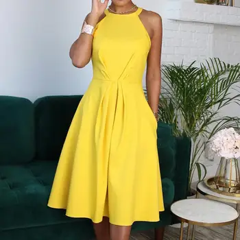 OMSJ Jaunā Sieviešu Elegants Puse Sexy Modes Apģērbi Kleitas Dāmas Dzeltena Pavada bez Piedurknēm Līnijas Ruched Gadījuma OLA Birojs Kleita