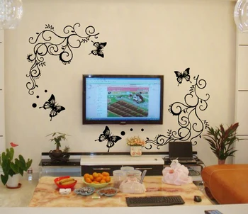 3D zemāko cenu calssic black butterfly ziedu Sienas uzlīmes, mājas dekoru plakātu flora tauriņi TV sienas, skaisti rotājumi