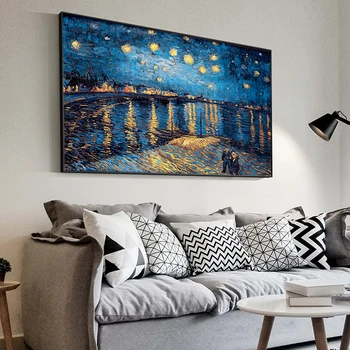 Van Goga Starry Night Audekla Gleznas Reprodukcija uz Sienas Impresionisma Zvaigžņota Nakts Kanvas Bildes Dzīvojamā Istaba Dekori