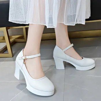 2020 augstiem papēžiem lolita kurpes loku sieviešu kurpes augstpapēžu kurpes sieviešu kurpes papēža bieza garoza, balts studente, kurpes jūra papēži japāņu