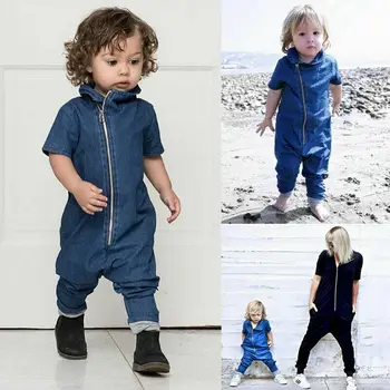 Rudens 2018 Modes Jaundzimušais Zīdainis, Mazulis Zēni Meitenes zilā atloks ar Īsām Piedurknēm Rāvējslēdzēju Romper Kokvilnas Jumpsuit Tērpiem Drēbes 0-3 GADI