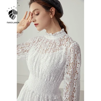 FANSILANEN Sexy dobi ārā balts garš mežģīņu kleita Sievietēm izlīdzināšanu piedurknēm savirmot eleganta Sieviešu kleita rudens pārredzamu puse kleita