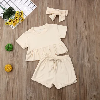 Īss Toddler Bērniem, Baby Boy Girl Vasaras Apģērbu Komplekti Īsām Piedurknēm Savirmot T-krekls+Mežģīnes-up Bikses+Galvas 3Pcs Bērnu Apģērbs, 6M-3 GADI