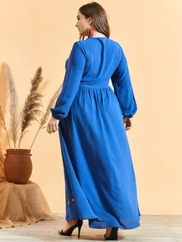 DOIB Sieviešu Zilā Emboridery Abya Maxi Kleitu ar V veida Kakla Pilna Laternu Piedurknēm Gara Kleita 2020. Gada Rudenī Musulmaņu Plus Lieluma Kleita