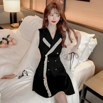 Melna Eleganta Kleita Sievietēm Raibs Long Sleeve Mini Puse Kleita Sieviešu Ruffles Modes Korejas Apģērbu Rudens 