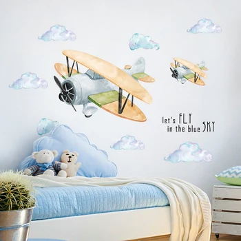 Bērnu istabas karikatūra lidmašīnas uzlīmes guļamistaba dekori mājas dekoru, sienas plakātu pašlīmējošas sienas uzlīmes istabas dekorēšanai