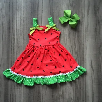 Baby meitenes vasaras kleita meitenēm augļu arbūza sarkans un zaļš, kleita cute kleitu ar loku vairumtirdzniecība