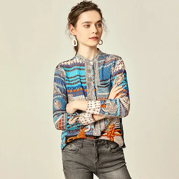 Zīda Blūze Sieviešu Krekls Simetrisks Dizains Drukāts Stāvēt Kakla Ilgi Izlīdzināšanu Piedurknēm Ikdienas Stila Plus Lieluma Jaunu Modes 2019