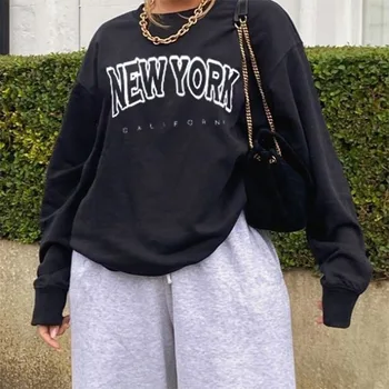 ŅUJORKAS Vēstuli Drukāt Melnā Crewneck Sieviešu Krekls ar garām Piedurknēm Plus Lieluma Modes Streetwear ASV franču Stilā Rudenī 2020 Sievietēm