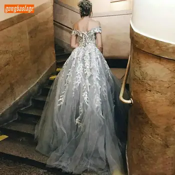 Elegants Pelēks Balles Kleitas Ivory Mežģīnes Appliqued vestido 2020. gadam vestidos de fiesta largos elegantes de gala Pielāgota Formālu Kleita