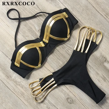 RXRXCOCO Sexy Pārsējs Bikini Push Up Peldkostīmi Sieviešu Peldkostīms Brazīlijas Bikini Komplekts 2019. Gada Vasarā Cieta peldkostīms ar Zemu Vidukļa Uzvalks