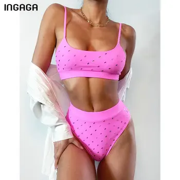 INGAGA Augsto Vidukli, Bikini, Peldkostīmi Push Up Sieviešu Peldkostīmi Augstu Kāju Biquini Cietā Melnā Peldvietu Tērpi Ir 2021. Jaunu un Seksīgu Beachwear