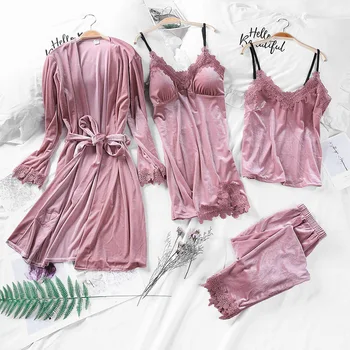 Sieviešu Samta Pidžamas Komplekts 4 Gabals 2020 Rudens Ziemas Seksīgas Mežģīnes, Garā Apakšveļa, Drēbes Miega Valkāt Bikses Sleepwear Pijamas Nightdress