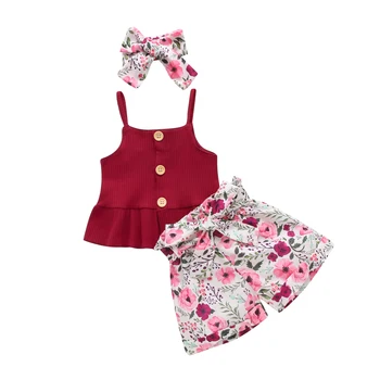Ir 2021. 0-3Y Vasaras Baby Girl Apģērbu Pogu, Piedurknēm Adīts Stabilu Top Veste+Ziedu Bikses+Galvas stīpa Bērnu Apģērbs, Svētku 3pcs