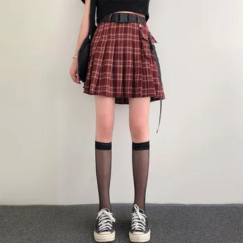 Harajuku Streetwear Kravas Mini Svārki Sieviešu Sexy Augsta Vidukļa Pleds Svārki Vasarā Gadījuma A-line, Īstermiņa Kroku Svārki ar Kabatas