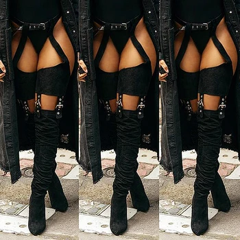 MStacchi Rihanna Saimes Augstas Ziemas Zābaki Virs Ceļgala Modes Papēžiem Zābaki Siksna Cietā Norādīja Toe Kvadrātveida Papēdi Zip Gumijas Zābaki