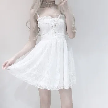 Kawaii Vasaras kleita jauns Lolita kleita sievietēm korejas svaigi salds gudrs mežģīņu izšūšanas augsta vidukļa seksīgas meitenes kleita Loli baltās kleitas
