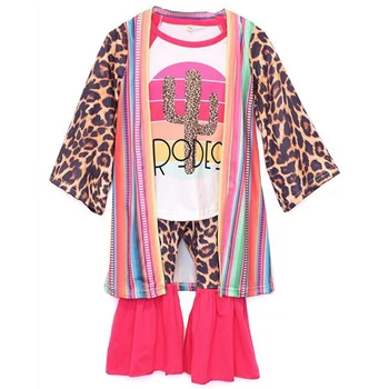 Dārgie Bērni, Meitenes 3 gab Boutique Apģērbu Komplekts Karstā Pārdošanas Rodeo Top Leopards Bell Bikses un Jaka Apģērbs, Apģērbu Komplekts